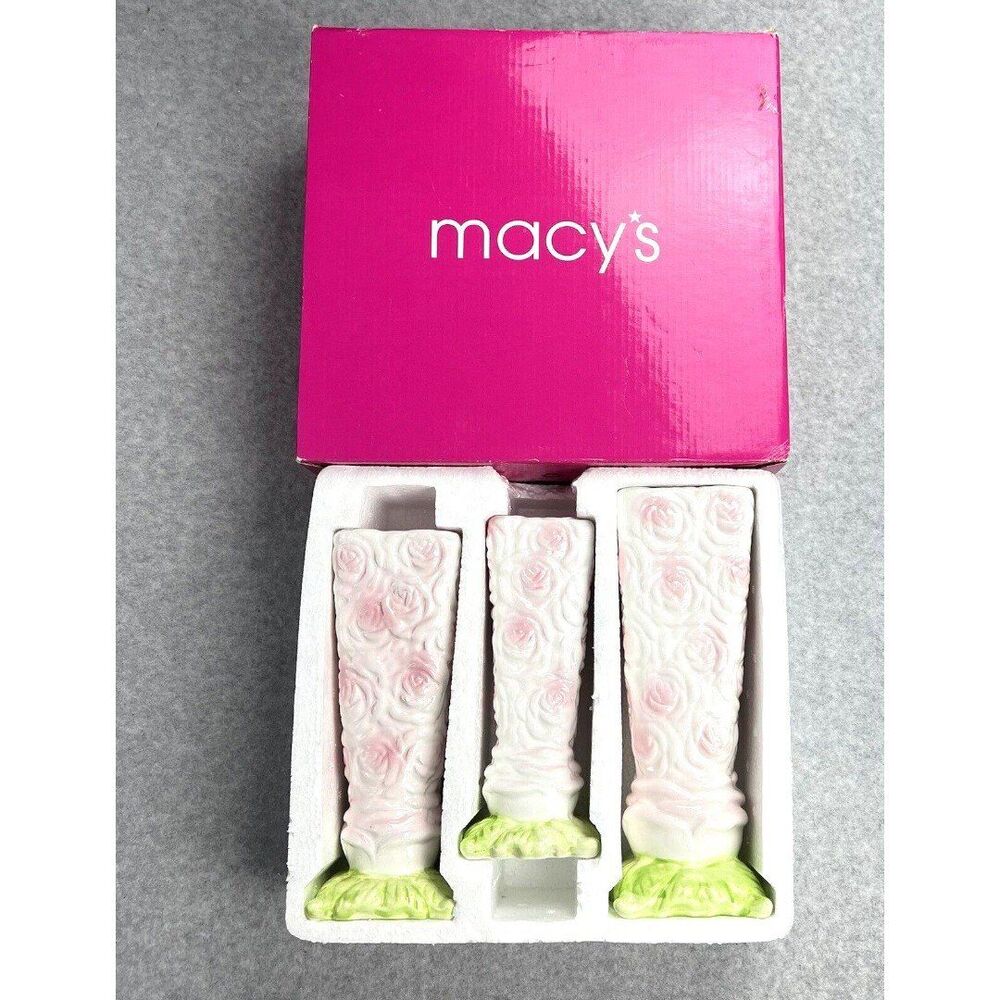 Macy’s Candle Holders Set of 3 Pink Floral Ceramic Pillar Table Decor NIB